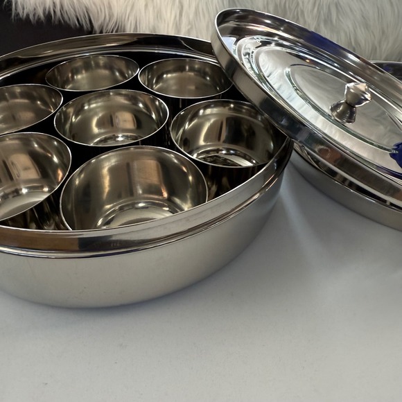 Vintage Stainless Steel Masala Spice Box Set w/ 7 Cups & Lid – Shiny WMF Style - Picture 11 of 13